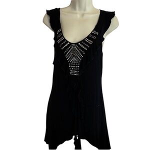 Queen Easter large Black Sleeveless Embellished Tank Top asymmetrical hem